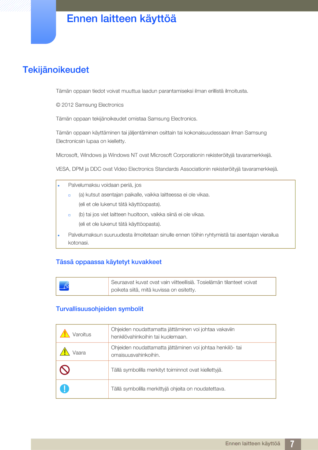 Samsung LS24B420BWV/EN, LS19B420BWV/EN manual Ennen laitteen käyttöä, Tekijänoikeudet, Tässä oppaassa käytetyt kuvakkeet 