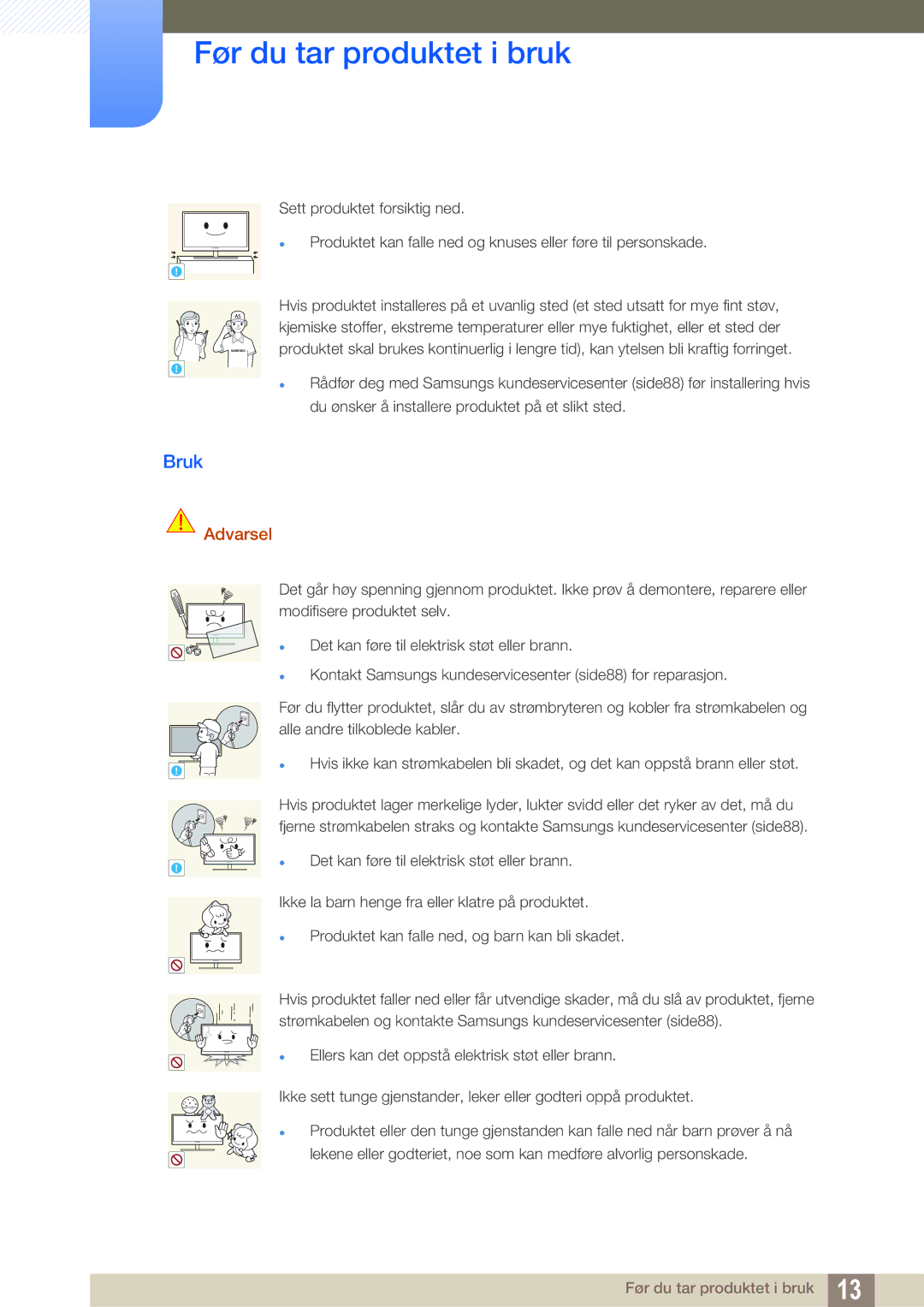 Samsung LS24B420BWV/EN, LS19B420BWV/EN, LS22B420BWV/EN manual Bruk, Det kan føre til elektrisk støt eller brann 