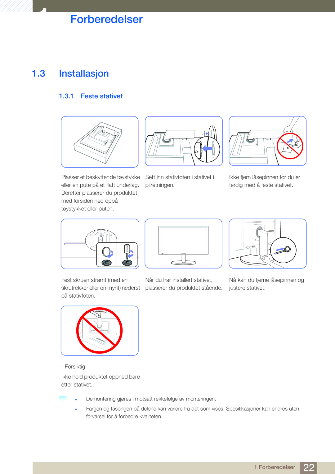 Samsung LS24B420BWV/EN, LS19B420BWV/EN, LS22B420BWV/EN manual Installasjon, Feste stativet 