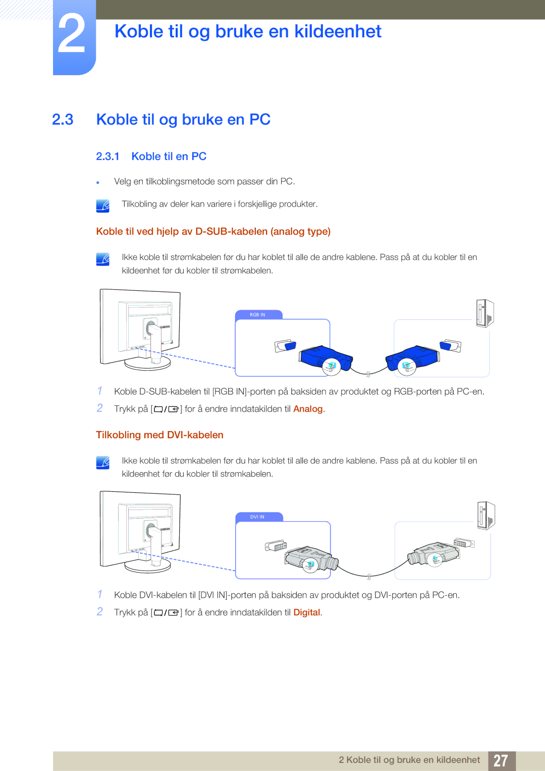 Samsung LS19B420BWV/EN, LS24B420BWV/EN, LS22B420BWV/EN manual Koble til og bruke en PC, Koble til en PC 