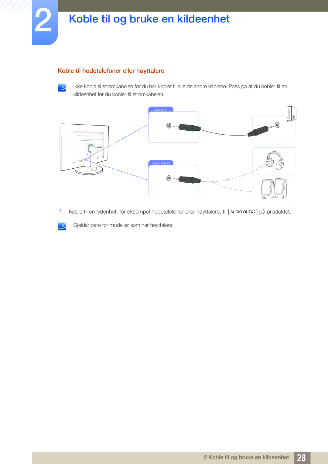 Samsung LS24B420BWV/EN, LS19B420BWV/EN, LS22B420BWV/EN manual Koble til hodetelefoner eller høyttalere 