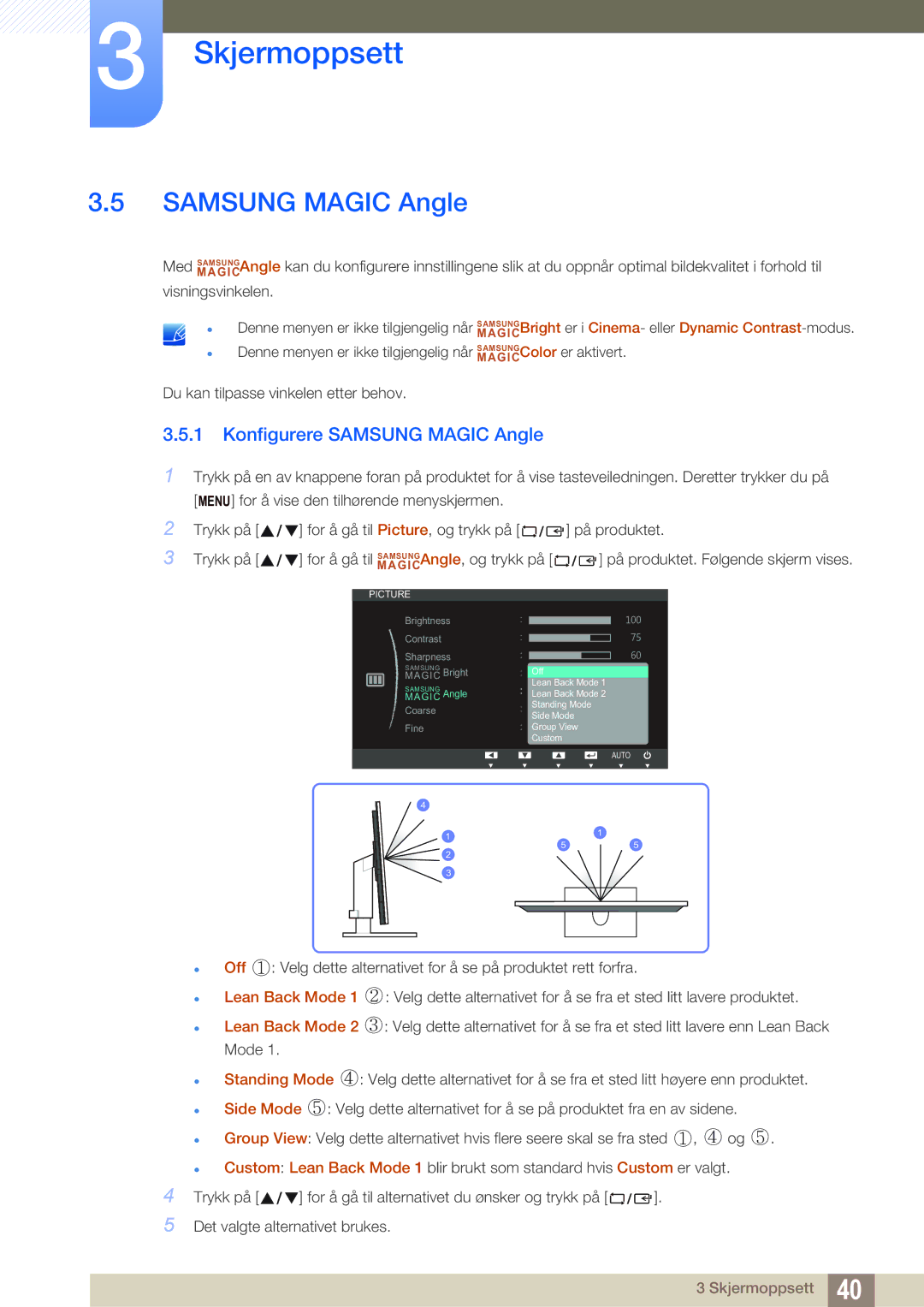 Samsung LS24B420BWV/EN, LS19B420BWV/EN, LS22B420BWV/EN manual Konfigurere Samsung Magic Angle 