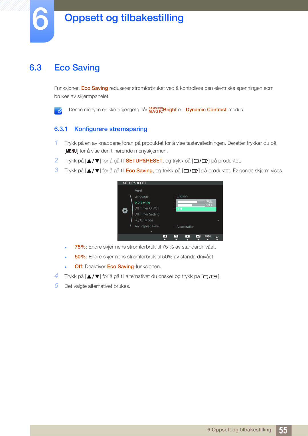 Samsung LS24B420BWV/EN, LS19B420BWV/EN, LS22B420BWV/EN manual Eco Saving, Konfigurere strømsparing 