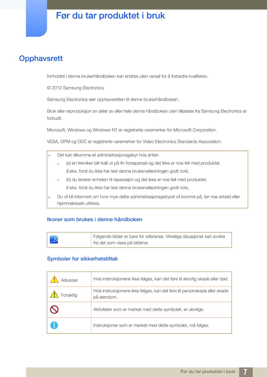 Samsung LS24B420BWV/EN, LS19B420BWV/EN manual Før du tar produktet i bruk, Opphavsrett, Ikoner som brukes i denne håndboken 