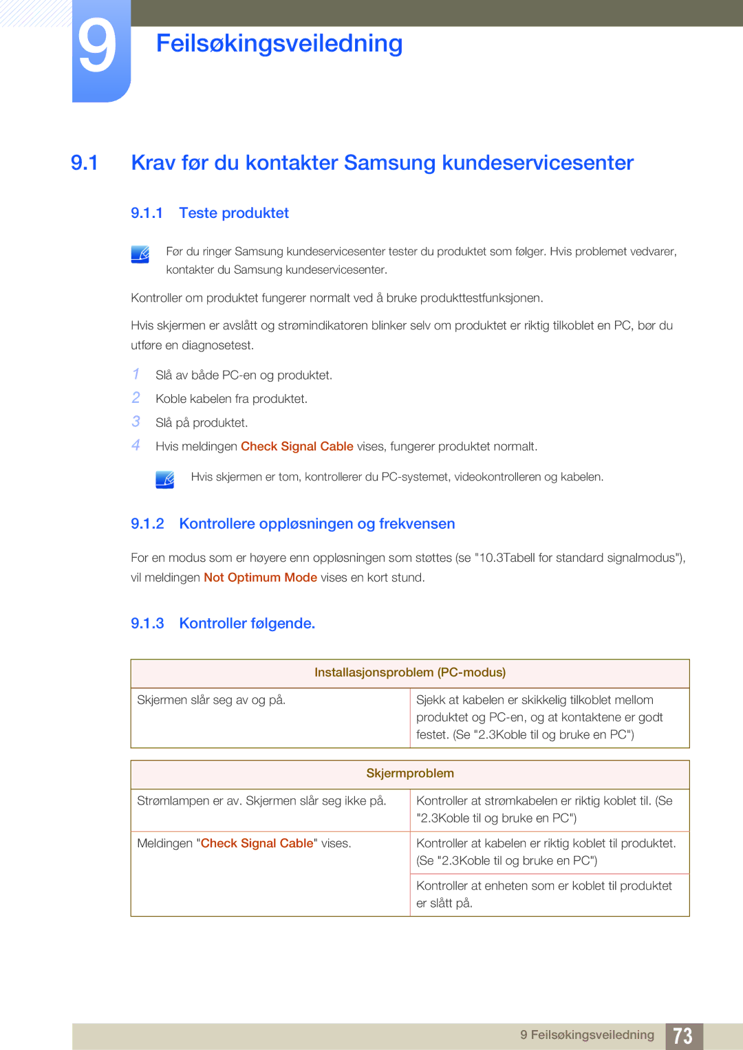 Samsung LS24B420BWV/EN manual Feilsøkingsveiledning, Krav før du kontakter Samsung kundeservicesenter, Teste produktet 