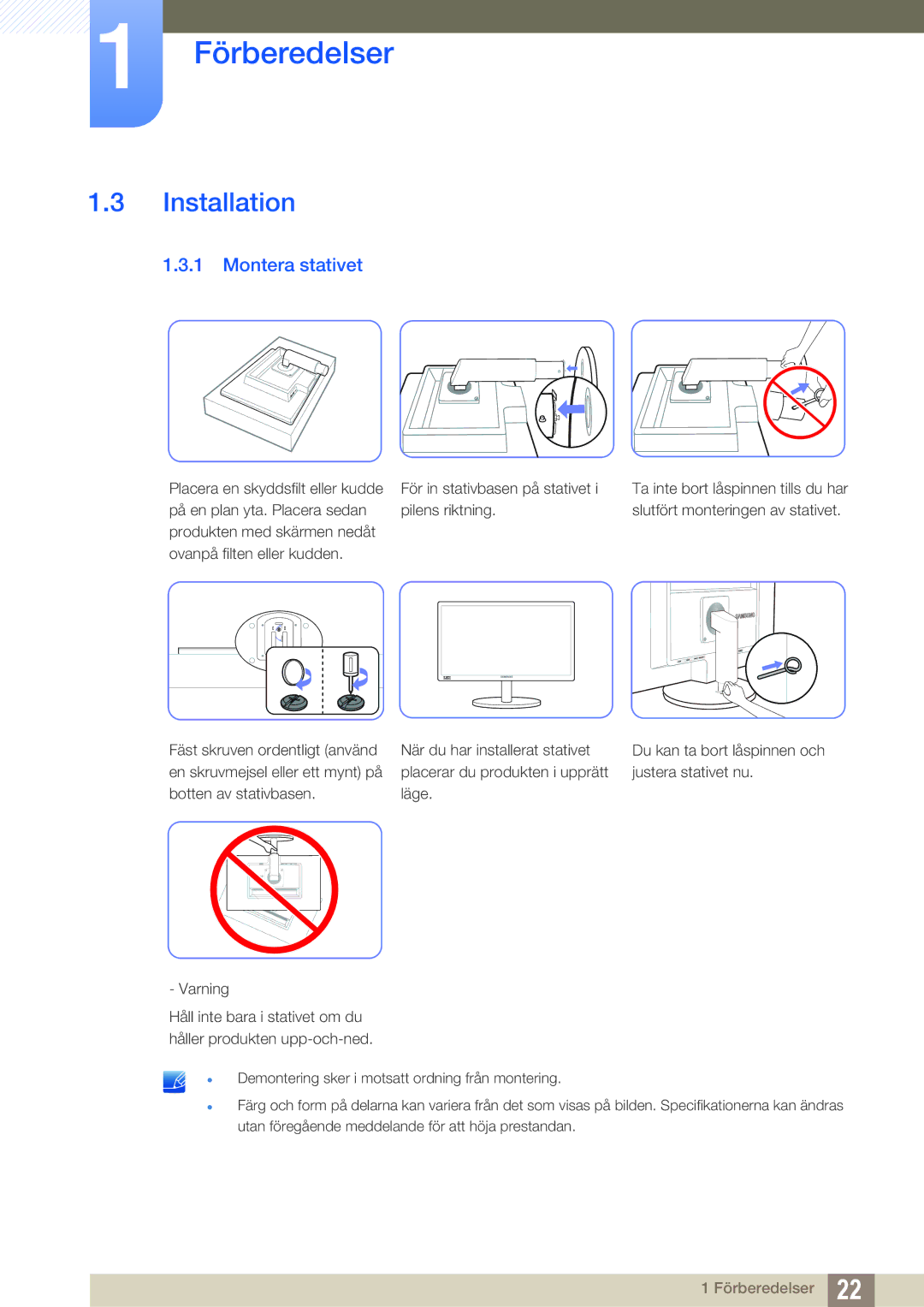 Samsung LS24B420BWV/EN, LS19B420BWV/EN, LS22B420BWV/EN manual Installation, Montera stativet 