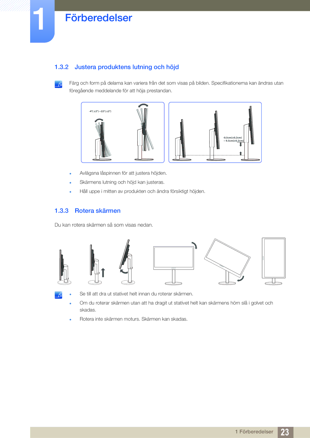 Samsung LS22B420BWV/EN, LS19B420BWV/EN, LS24B420BWV/EN manual Justera produktens lutning och höjd, Rotera skärmen 