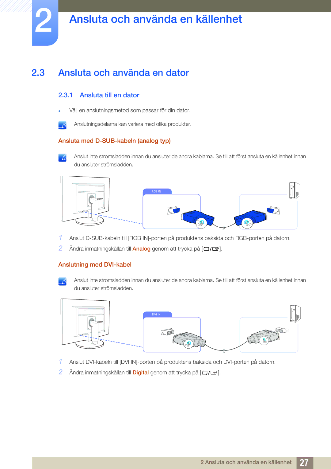 Samsung LS19B420BWV/EN, LS24B420BWV/EN, LS22B420BWV/EN manual Ansluta och använda en dator, Ansluta till en dator 