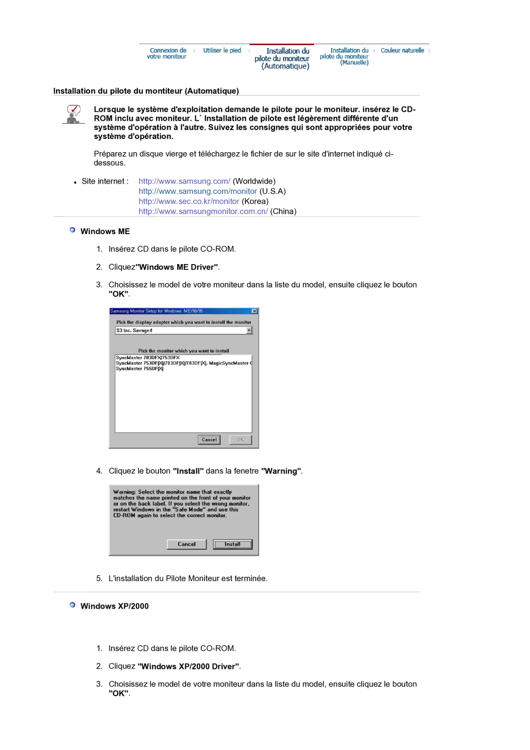 Samsung LS19BIDKSV/EDC manual CliquezWindows ME Driver, Cliquez Windows XP/2000 Driver 