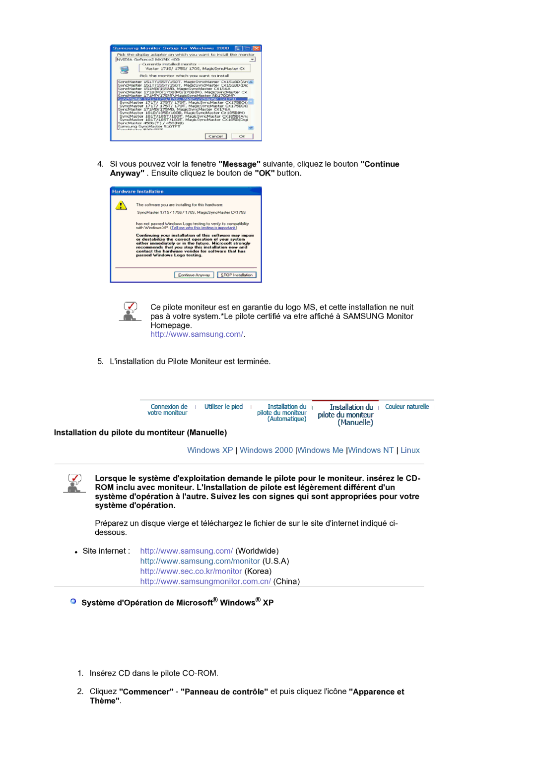 Samsung LS19BIDKSV/EDC manual Installation du pilote du montiteur Manuelle, Système dOpération de Microsoft Windows XP 