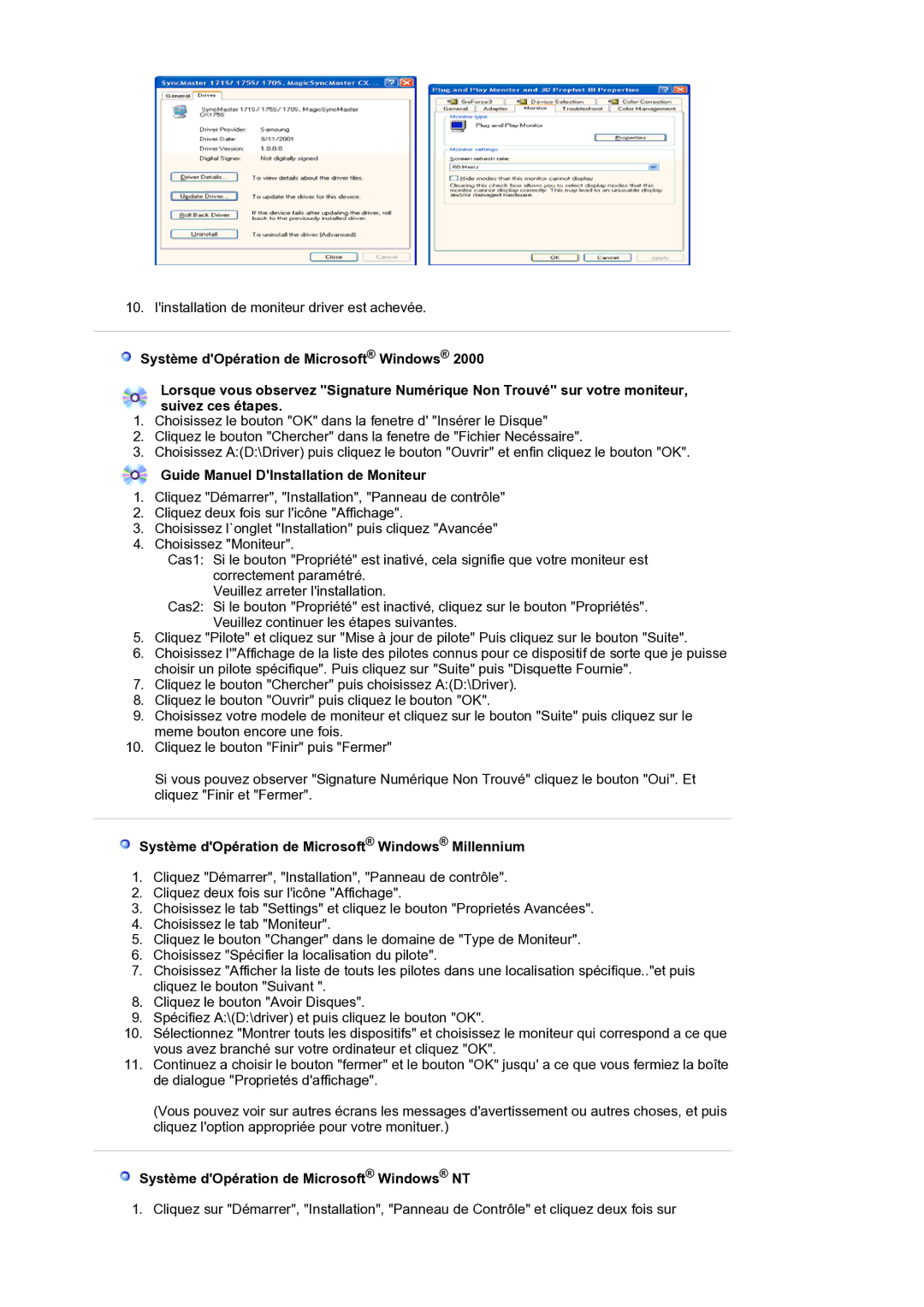 Samsung LS19BIDKSV/EDC manual Guide Manuel DInstallation de Moniteur, Système dOpération de Microsoft Windows Millennium 