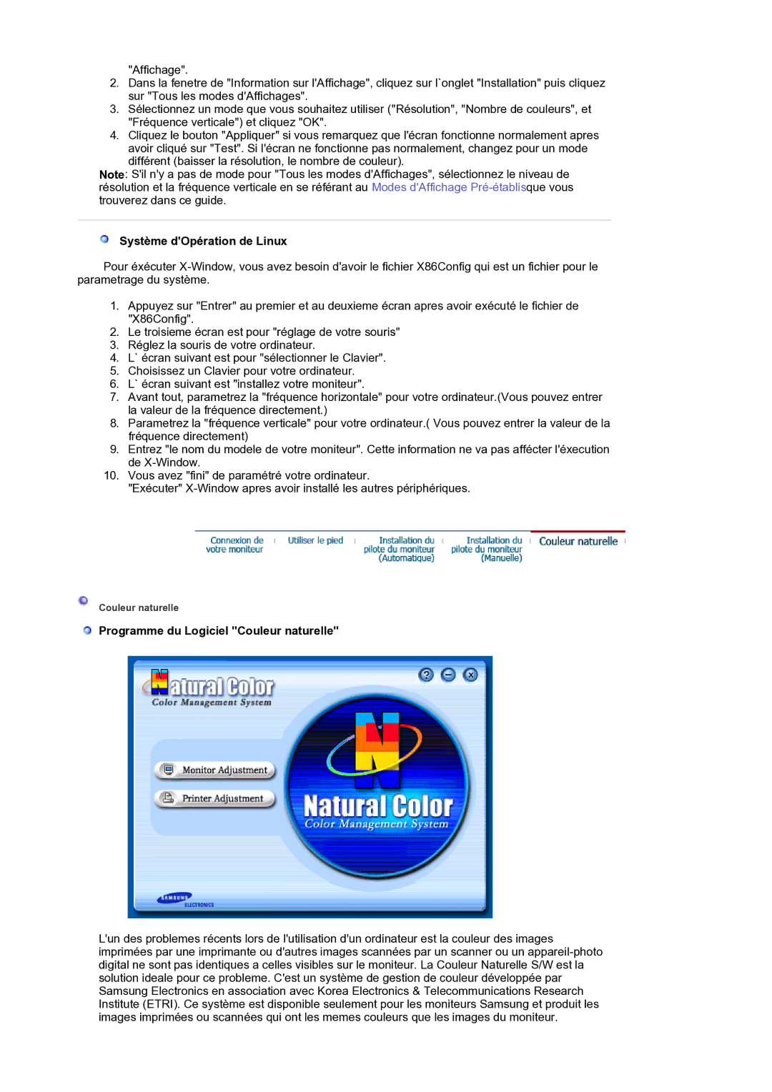 Samsung LS19BIDKSV/EDC manual Système dOpération de Linux, Programme du Logiciel Couleur naturelle 