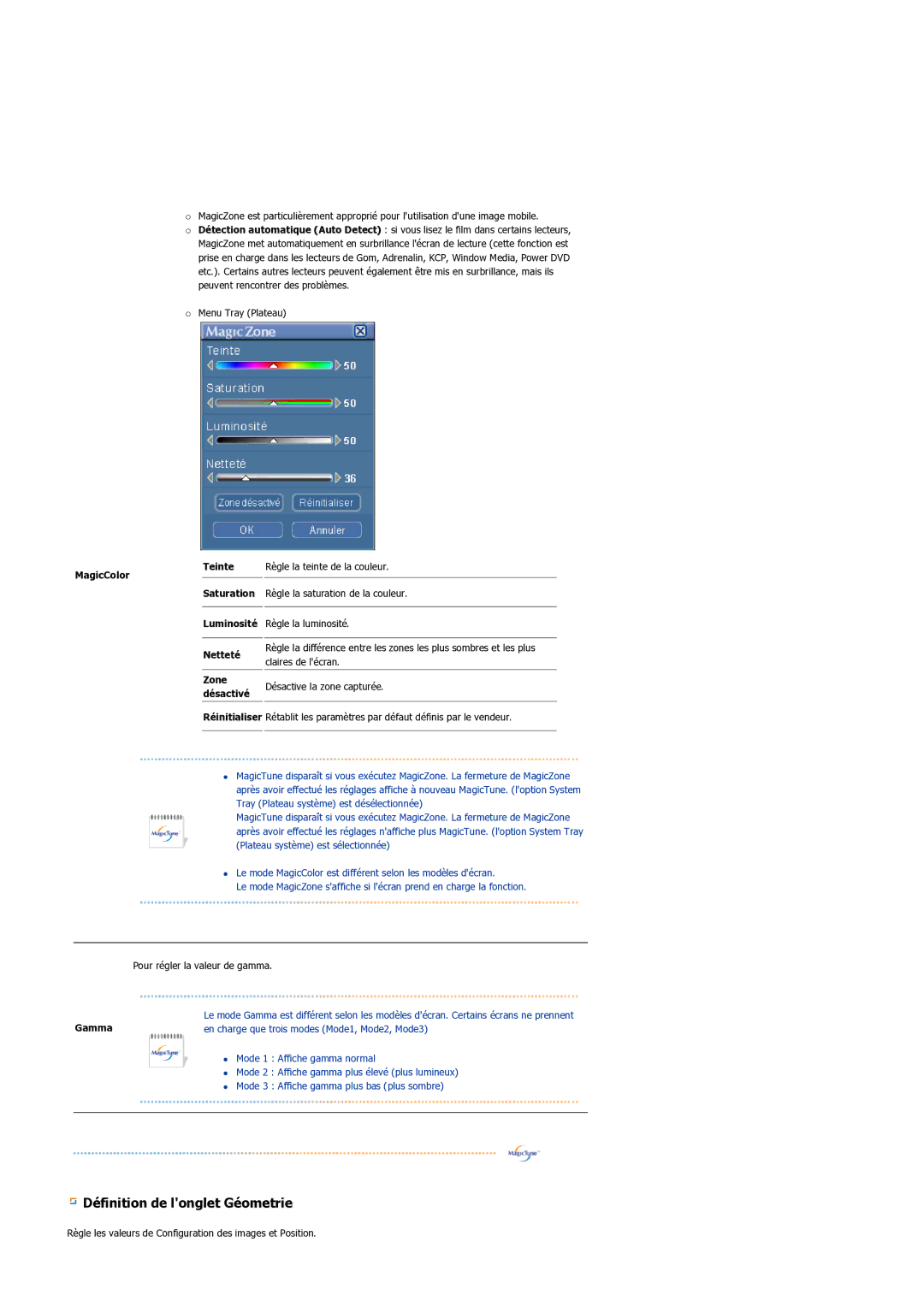 Samsung LS19BIDKSV/EDC manual Définition de longlet Géometrie 