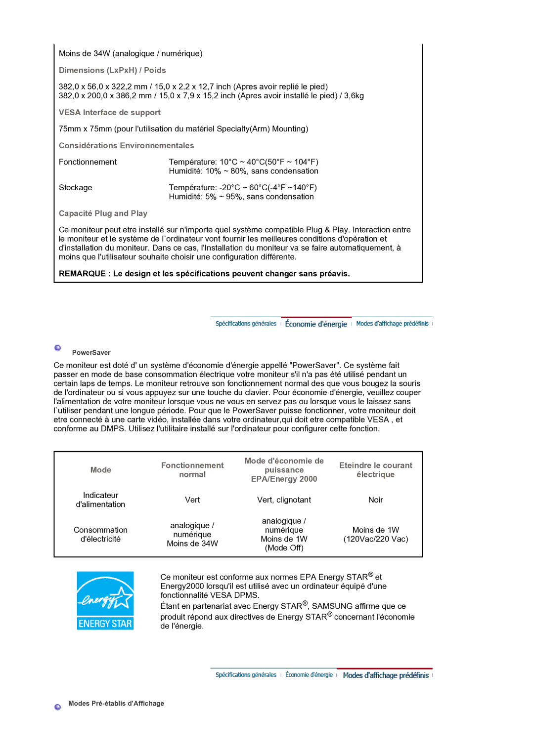 Samsung LS19BIDKSV/EDC manual Dimensions LxPxH / Poids, Vesa Interface de support, Considérations Environnementales 