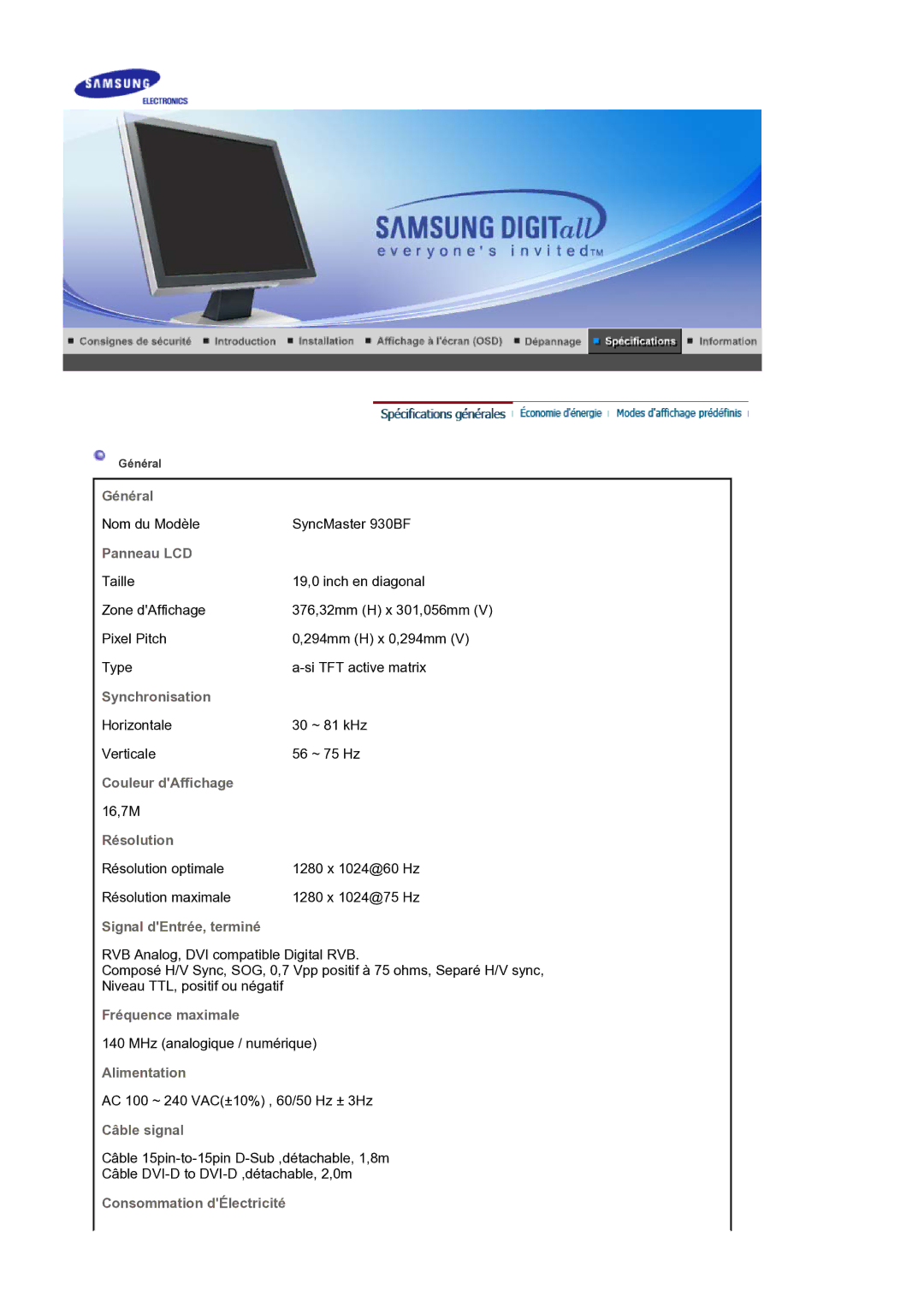 Samsung LS19BIDKSV/EDC manual Nom du Modèle SyncMaster 930BF 