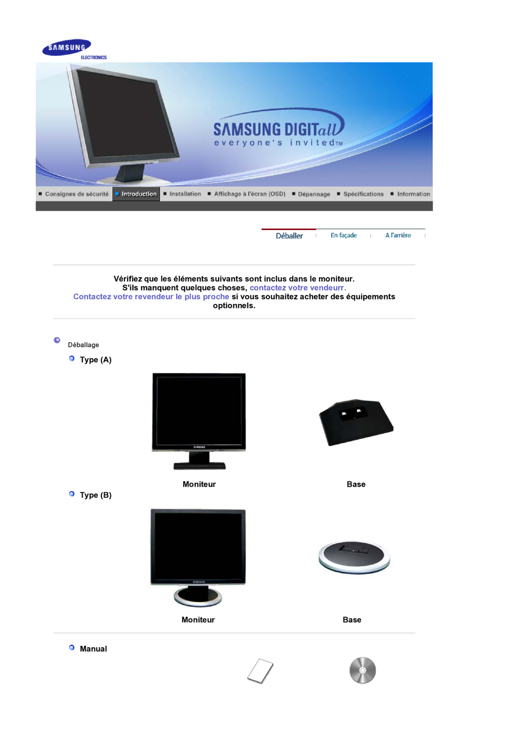 Samsung LS19BIDKSV/EDC manual Optionnels, Type a Moniteur Base Type B Manual 