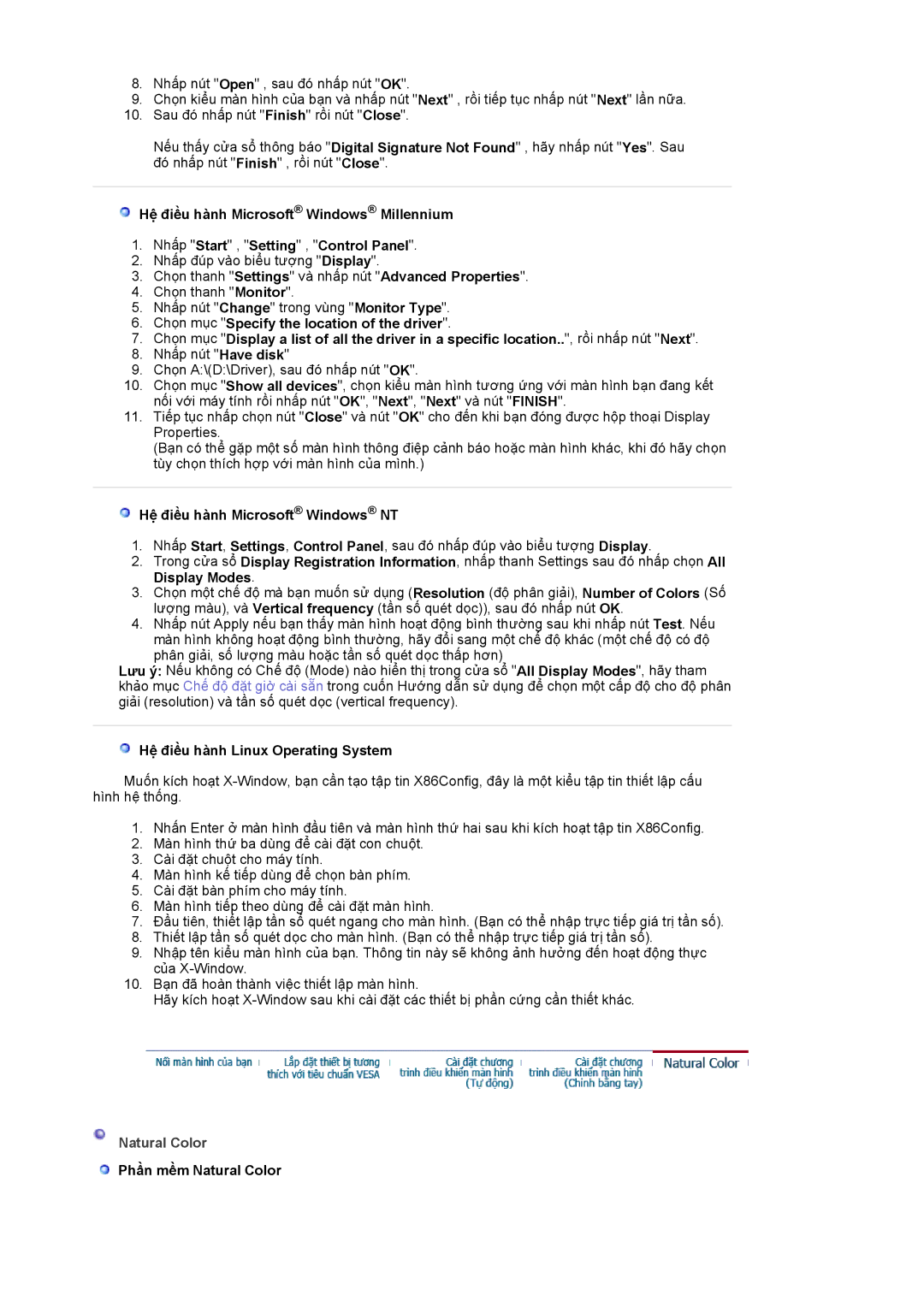 Samsung LS17BIDKSV/VNT manual Hệ điều hành Microsoft Windows NT, Hệ điều hành Linux Operating System, Natural Color 