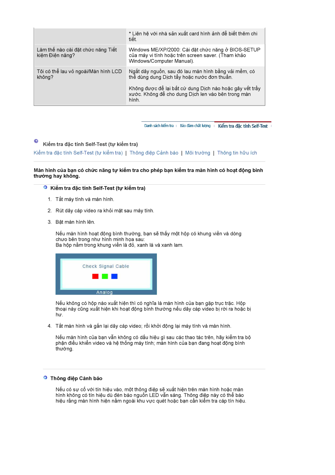 Samsung LS17BIDKSV/VNT, LS19BIDKSV/VNT manual Kiểm tra đặc tính Self-Test tự kiểm tra, Thông điệp Cảnh báo 