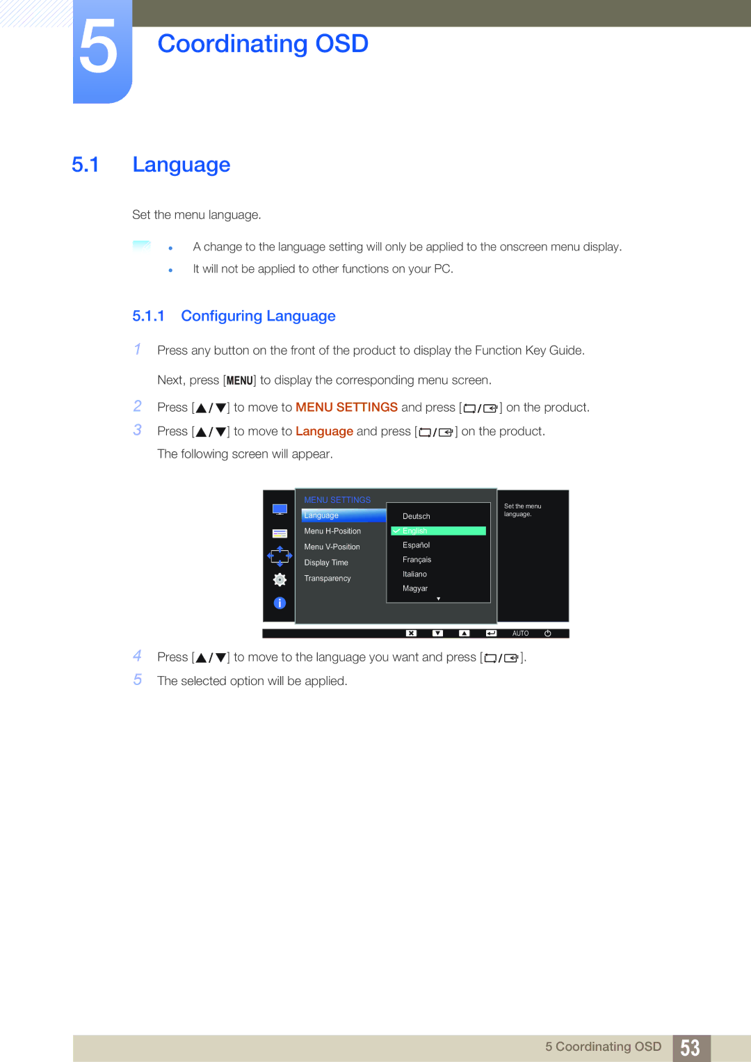 Samsung LS19C170BSQ/KZ, LS19C170BSMXV, LS19C170BSQMXV manual Coordinating OSD, Configuring Language 