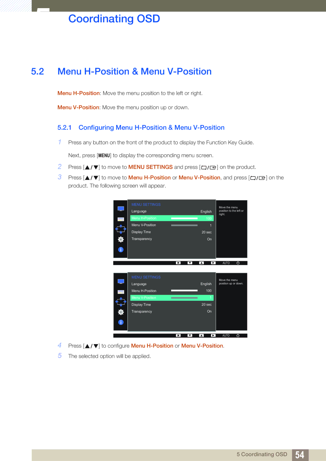 Samsung LS19C170BSMXV, LS19C170BSQMXV, LS19C170BSQ/KZ manual Configuring Menu H-Position & Menu V-Position 