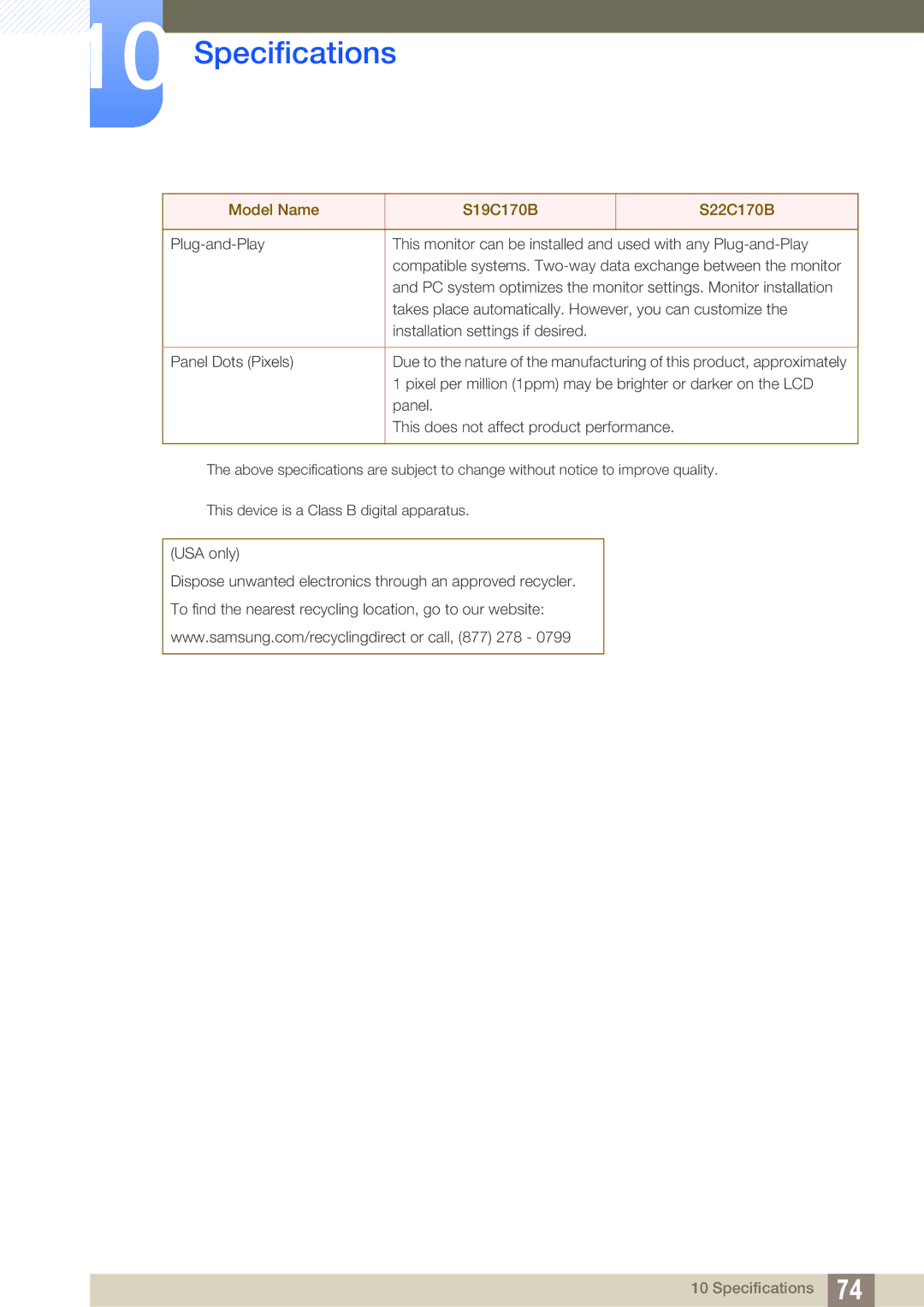 Samsung LS19C170BSQ/KZ, LS19C170BSMXV, LS19C170BSQMXV manual Specifications 