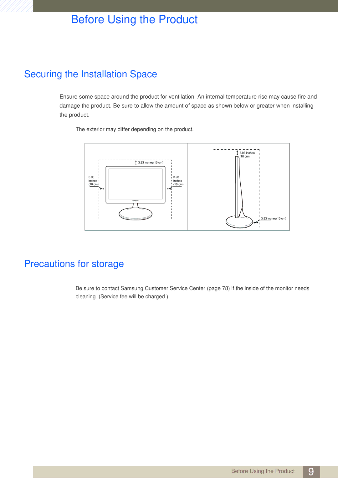 Samsung LS19C170BSMXV, LS19C170BSQMXV, LS19C170BSQ/KZ manual Securing the Installation Space, Precautions for storage 