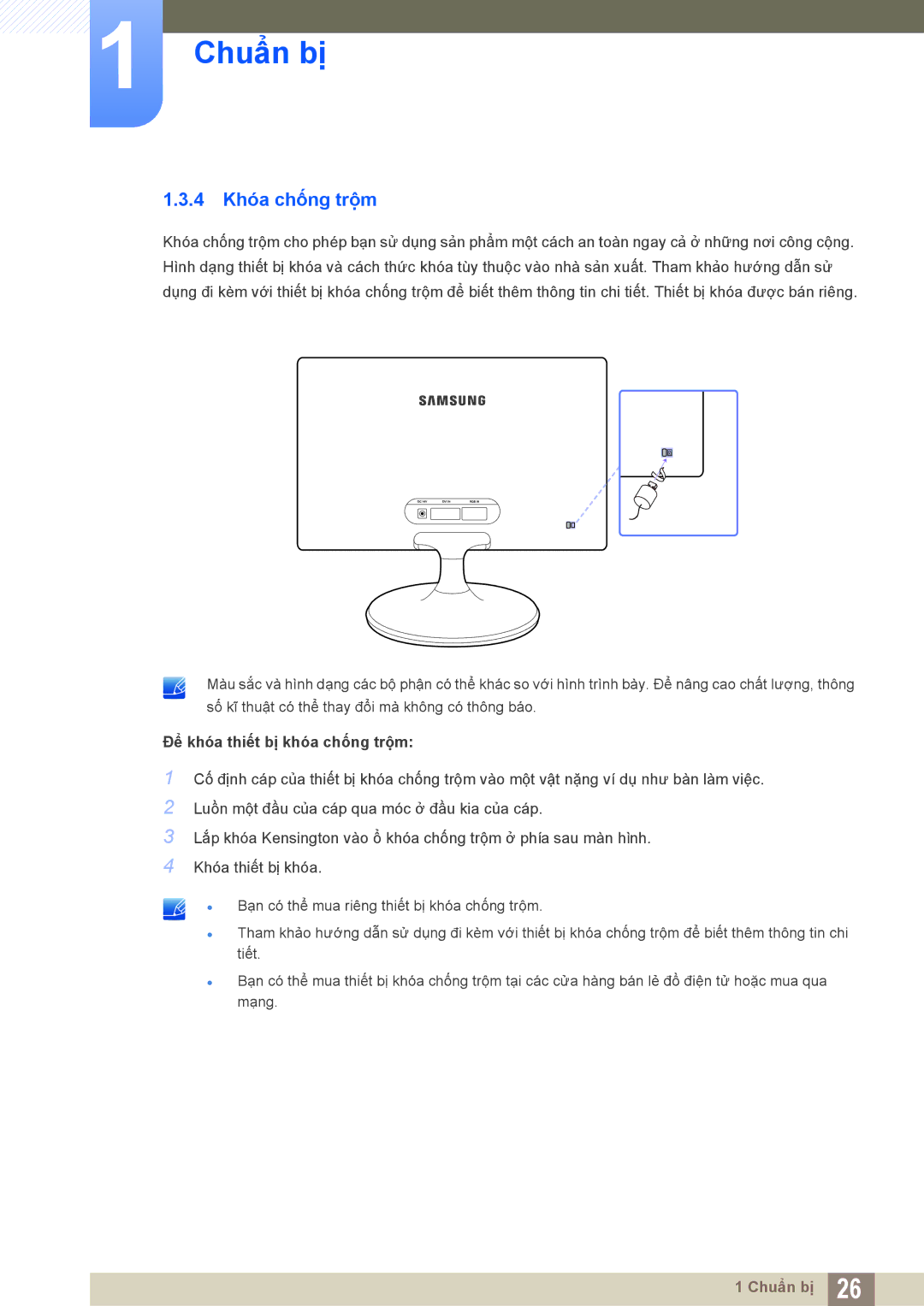 Samsung LS19C170BSMXV, LS19C170BSQMXV manual 4 Khóa chống trộm, Để khóa thiết bị khóa chống trộm 