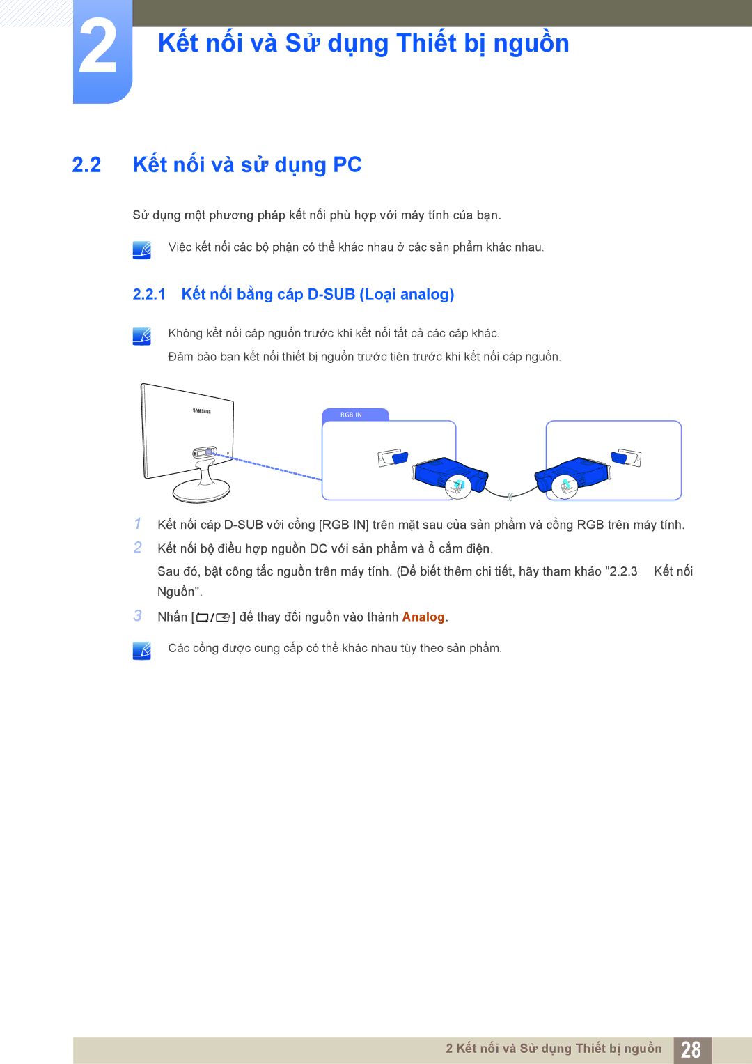 Samsung LS19C170BSMXV, LS19C170BSQMXV manual Kết nối và sử dụng PC, 1 Kết nối bằng cáp D-SUB Loại analog 