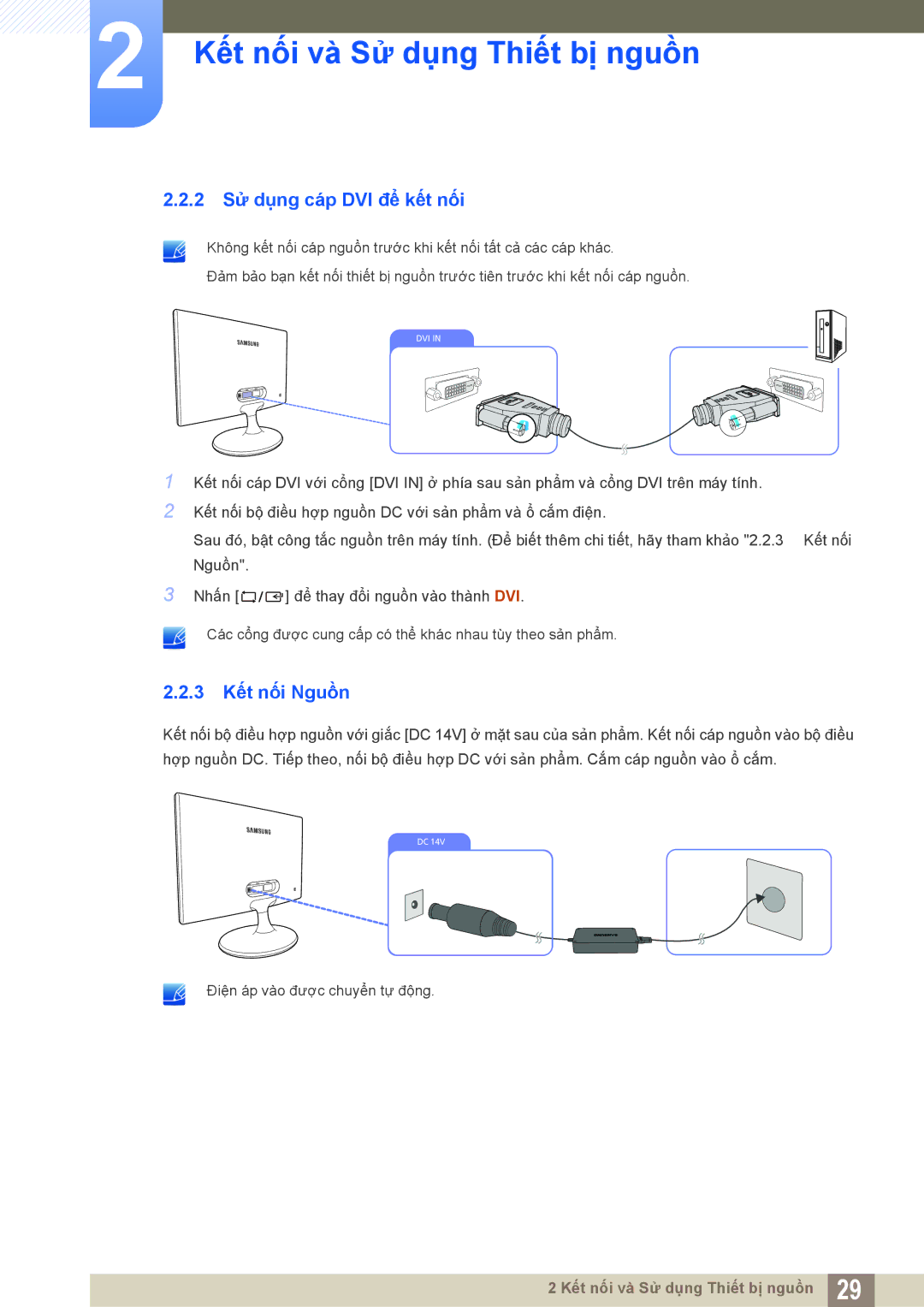 Samsung LS19C170BSQMXV, LS19C170BSMXV manual 2 Sử dụng cáp DVI để kết nối, 3 Kết nối Nguồn 