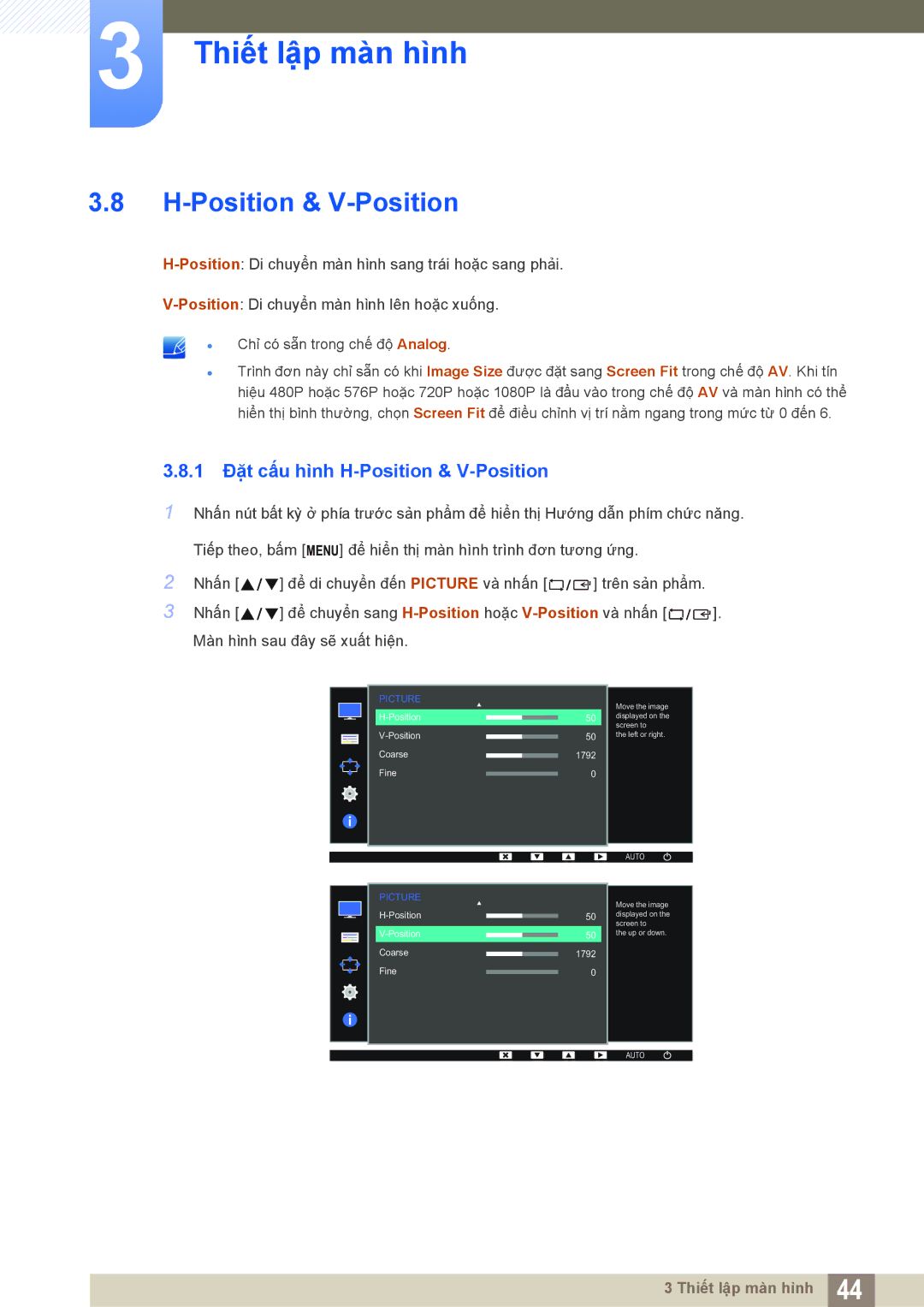 Samsung LS19C170BSMXV, LS19C170BSQMXV manual 1 Đặt cấu hình H-Position & V-Position 