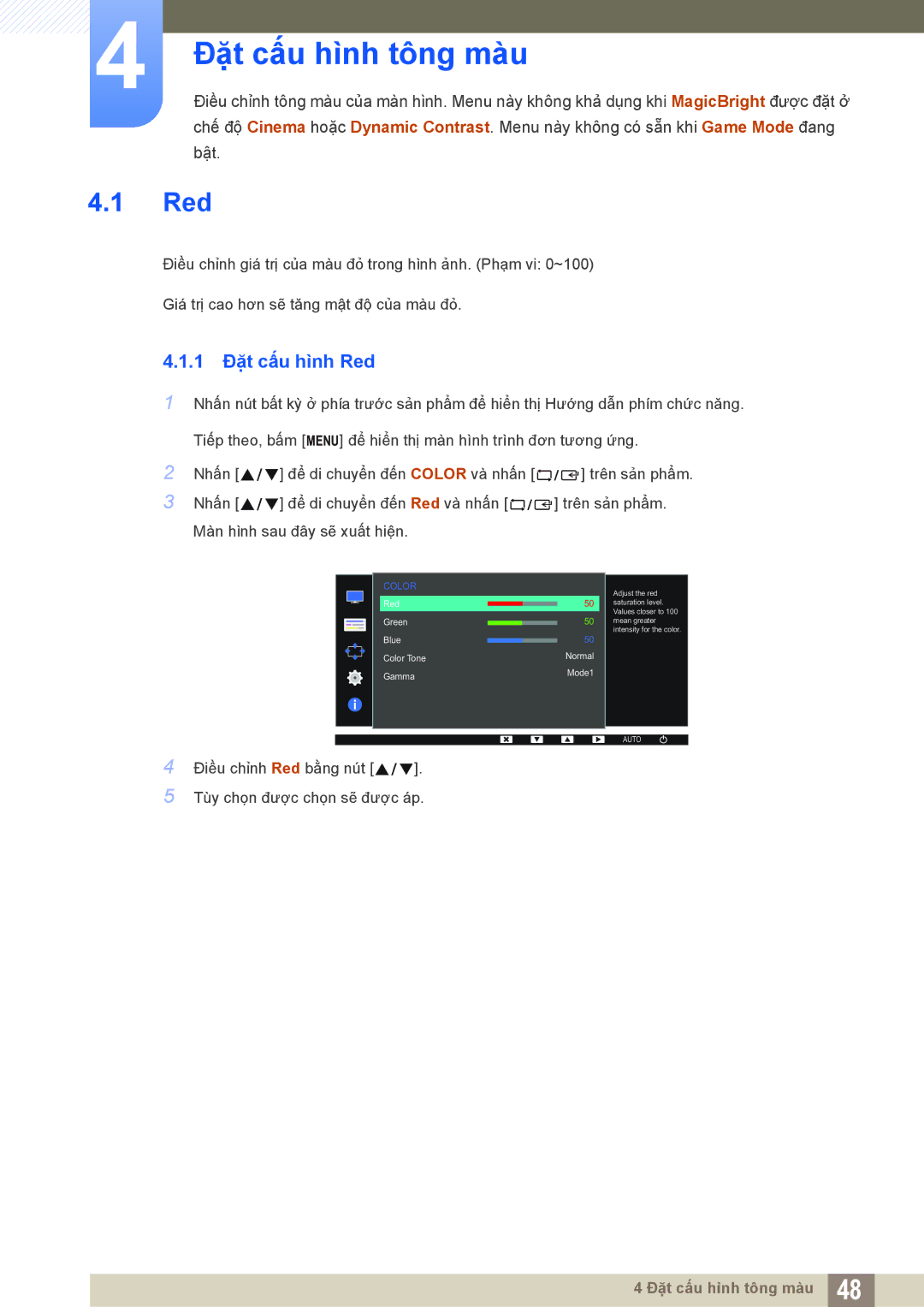 Samsung LS19C170BSMXV, LS19C170BSQMXV manual Đặt cấu hình tông màu, 1 Đặt cấu hình Red 