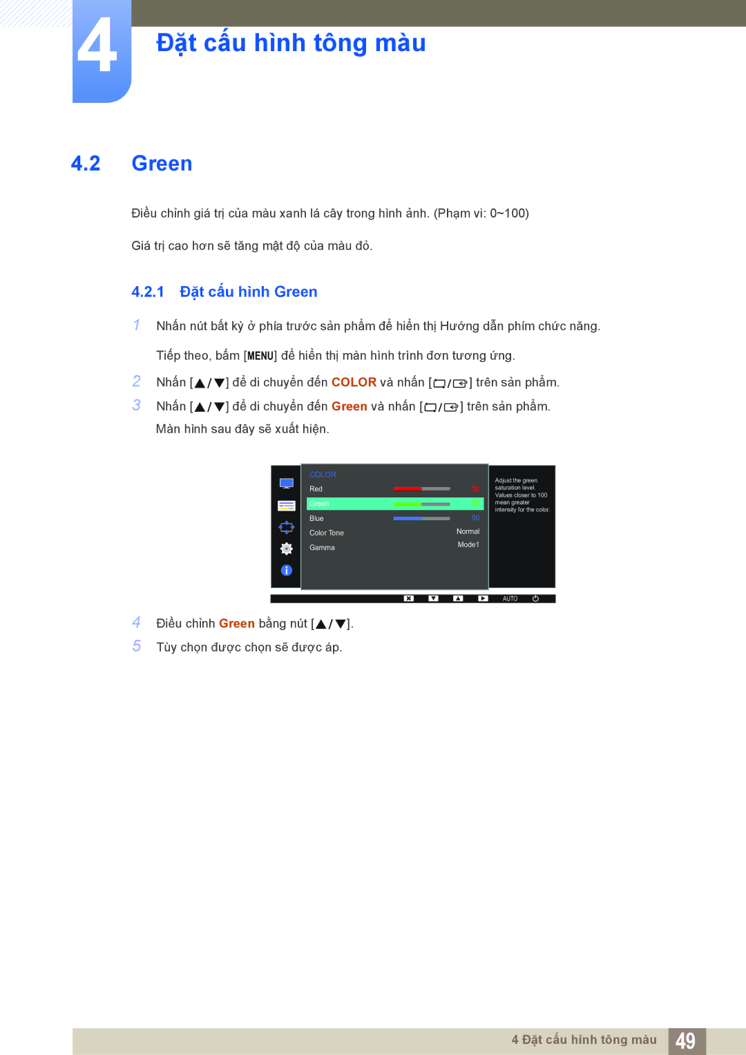 Samsung LS19C170BSQMXV, LS19C170BSMXV manual 1 Đặt cấu hình Green 