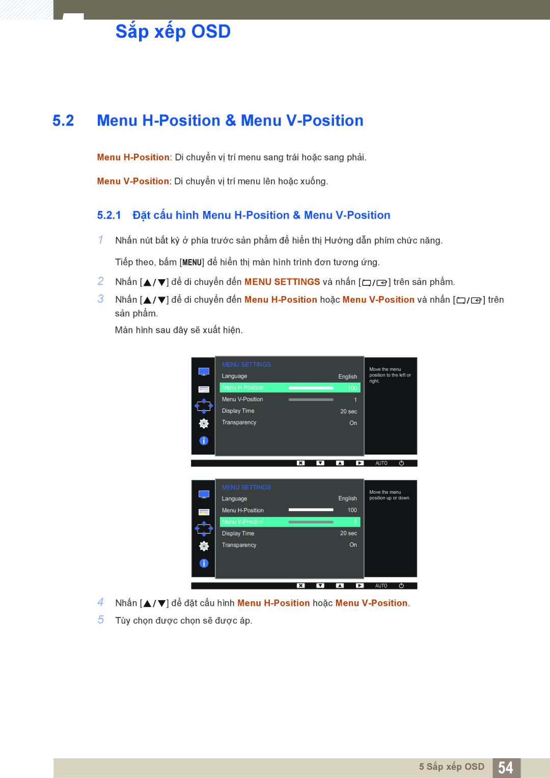 Samsung LS19C170BSMXV, LS19C170BSQMXV manual 1 Đặt cấu hình Menu H-Position & Menu V-Position 