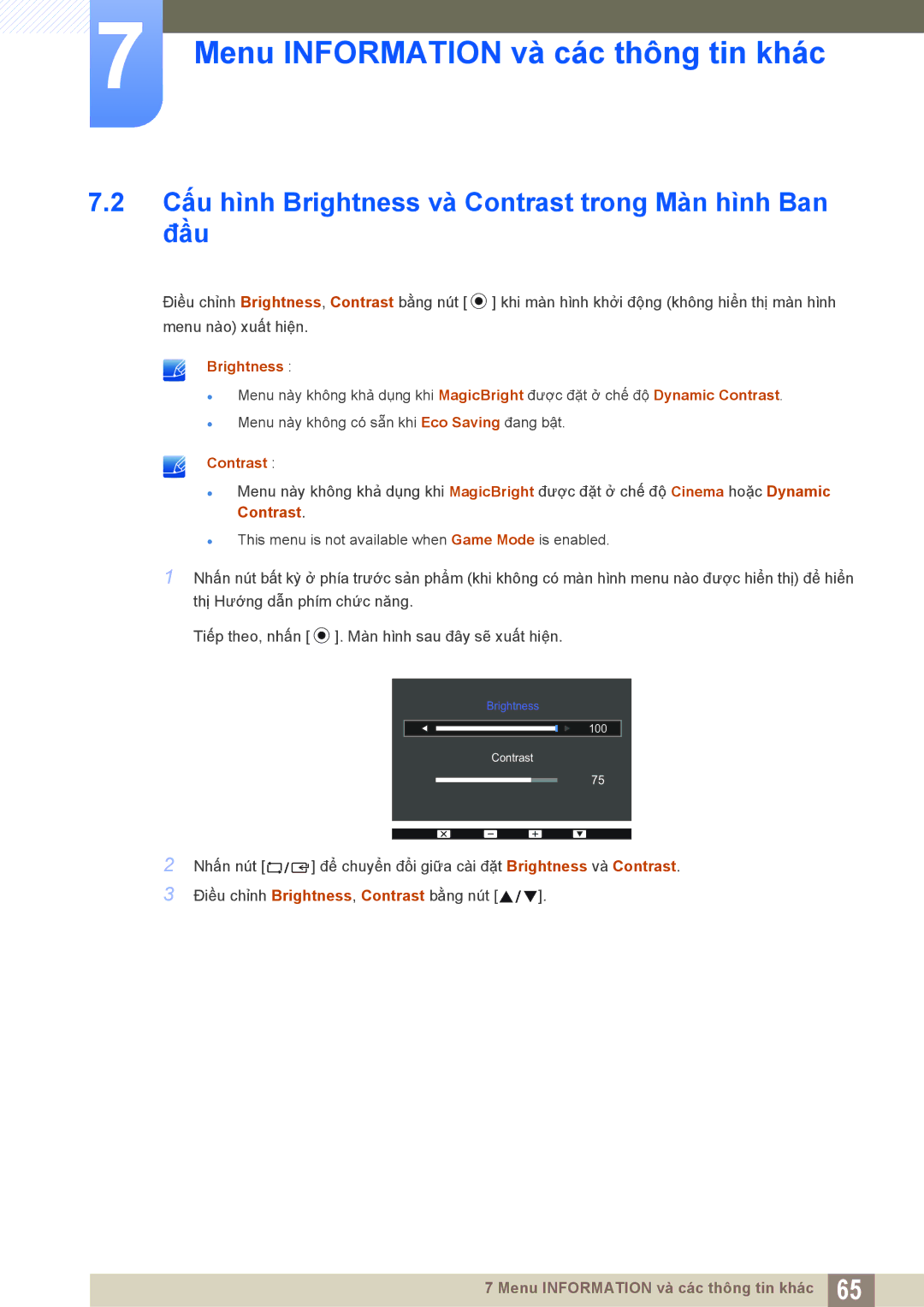 Samsung LS19C170BSQMXV, LS19C170BSMXV manual Cấu hình Brightness và Contrast trong Màn hình Ban Đầu 