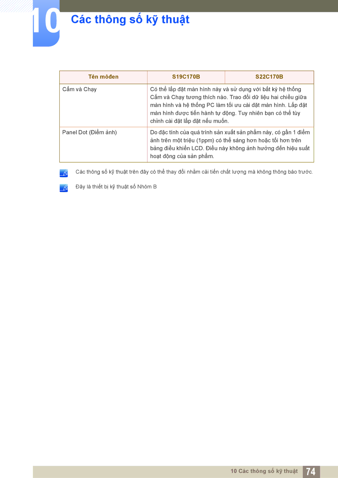 Samsung LS19C170BSMXV, LS19C170BSQMXV manual 10 Các thông số kỹ thuật 