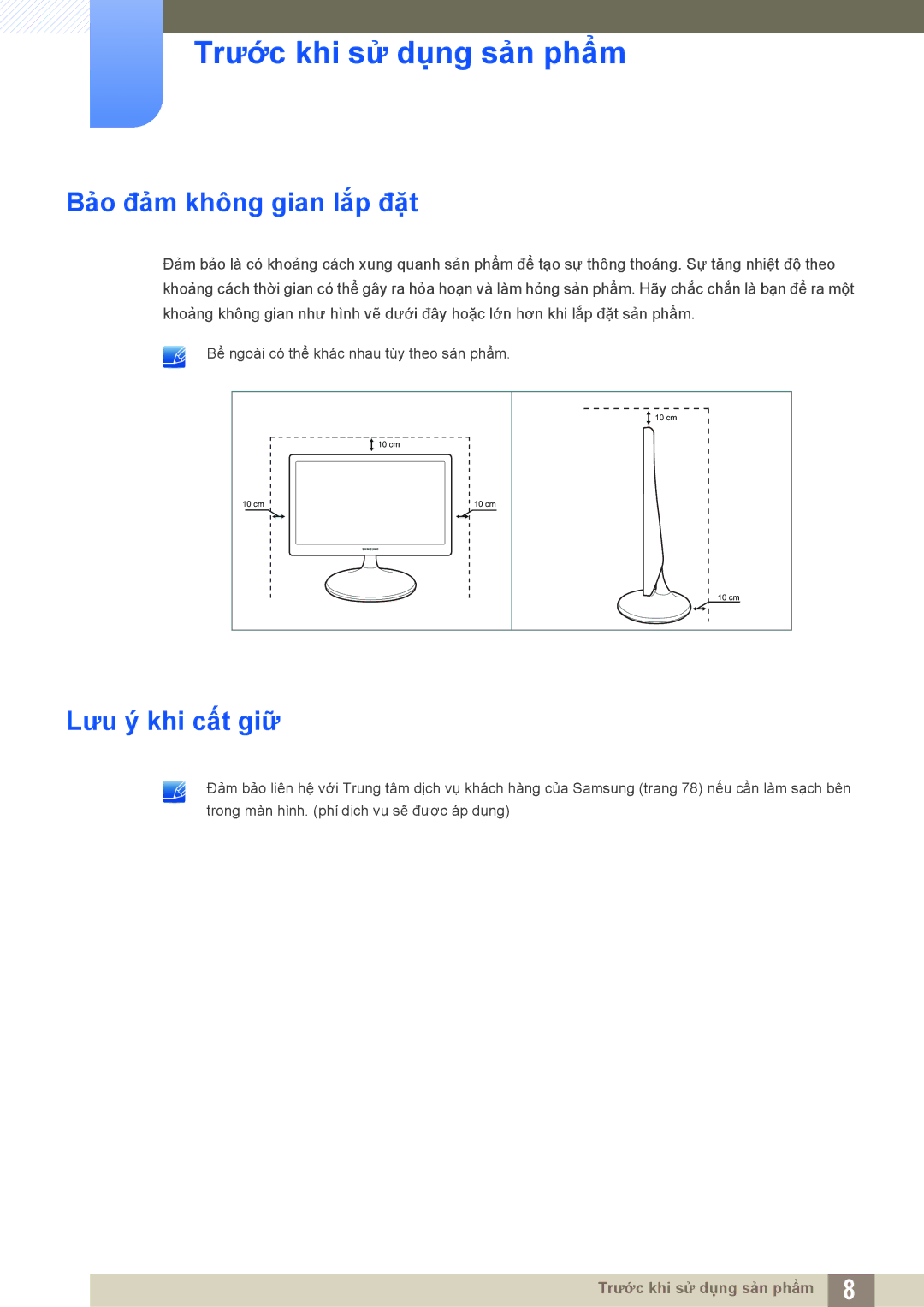 Samsung LS19C170BSMXV, LS19C170BSQMXV manual Bảo đảm không gian lắp đặt, Lưu ý khi cất giữ 