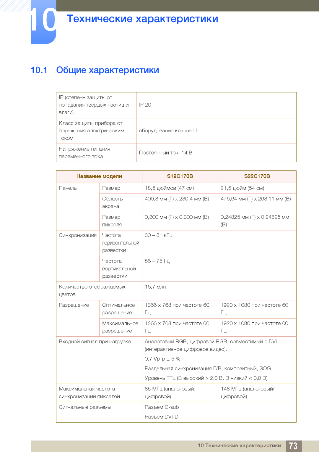 Samsung LS19C170BSQ/KZ manual 10 Технические характеристики, 10.1 Общие характеристики 