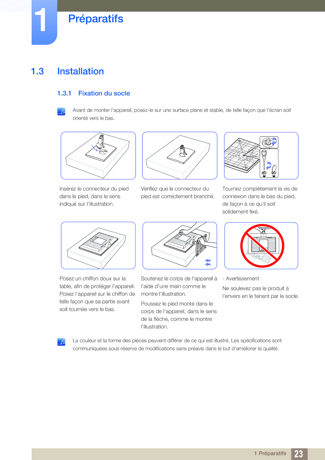 Samsung LS22C20KBW/EN, LS19C20KNS/EN, LS19C20KNY/EN, LS22C20KNY/EN, LS19C20KNW/EN manual Installation, Fixation du socle 