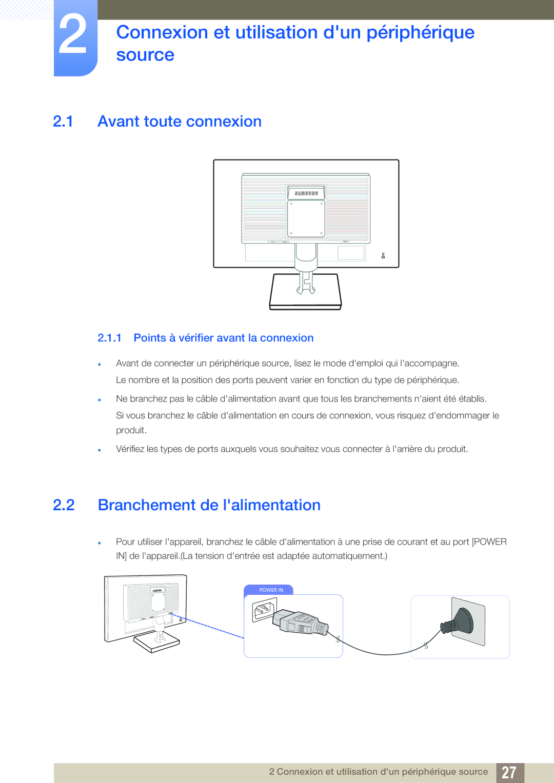 Samsung LS19C20KNW/EN Connexionsource et utilisation dun périphérique, Avant toute connexion, Branchement de lalimentation 