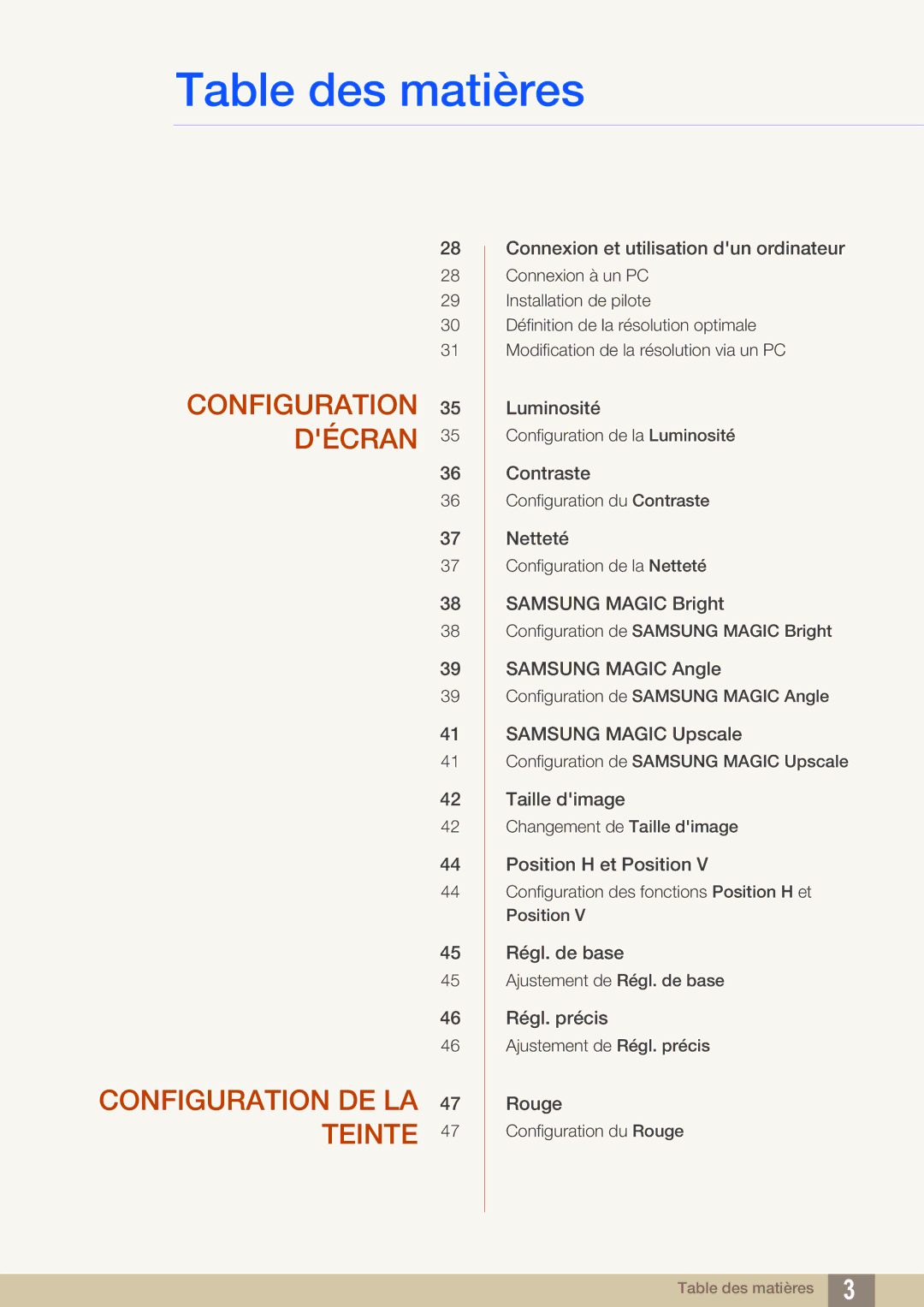 Samsung LS19C20KNW/EN, LS19C20KNS/EN, LS19C20KNY/EN, LS22C20KNY/EN manual Configuration Décran Configuration DE LA Teinte 