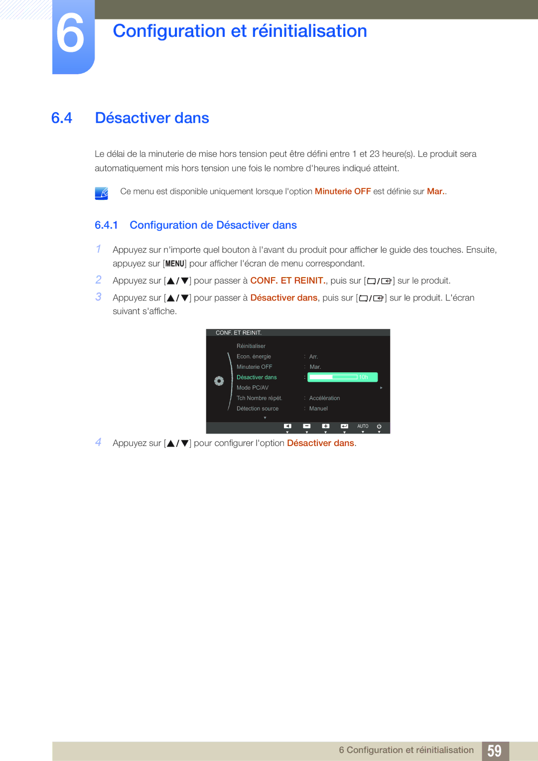 Samsung LS19C20KNW/EN, LS19C20KNS/EN, LS19C20KNY/EN, LS22C20KNY/EN, LS24C20KBL/EN manual Configuration de Désactiver dans 