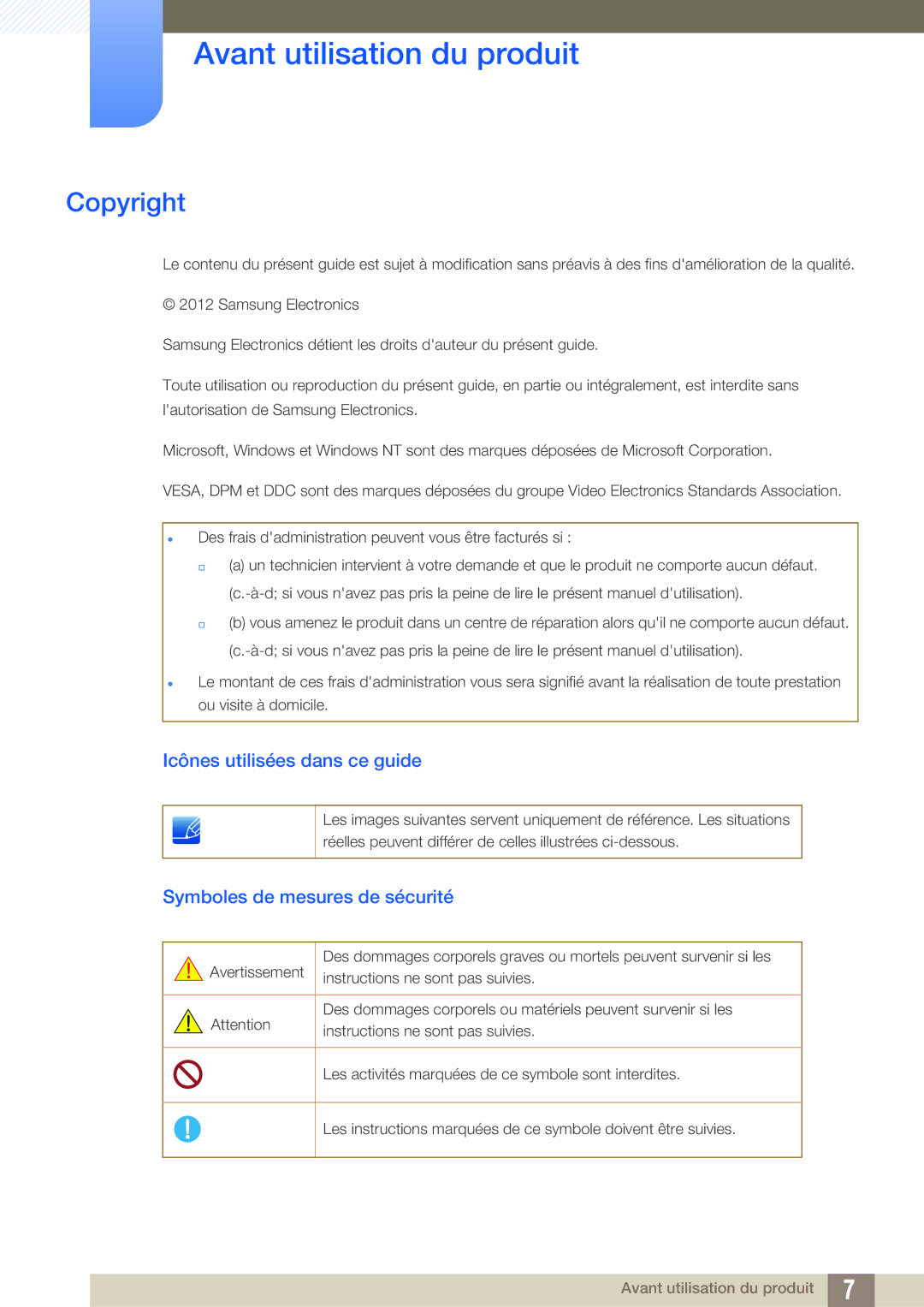 Samsung LS22C20KBW/EN, LS19C20KNS/EN, LS19C20KNY/EN Avant utilisation du produit, Copyright, Icônes utilisées dans ce guide 