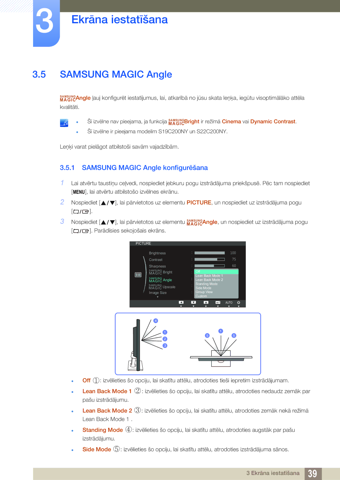 Samsung LS22C20KBW/EN, LS19C20KNS/EN, LS19C20KNY/EN, LS22C20KNY/EN, LS19C20KNW/EN manual Samsung Magic Angle konfigurēšana 