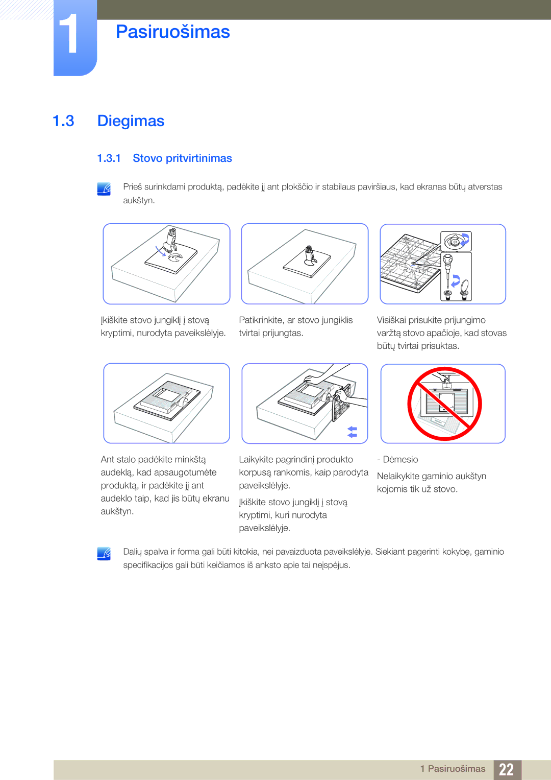 Samsung LS22C20KBS/EN, LS19C20KNS/EN, LS19C20KNY/EN, LS22C20KNY/EN, LS19C20KNW/EN manual Diegimas, Stovo pritvirtinimas 