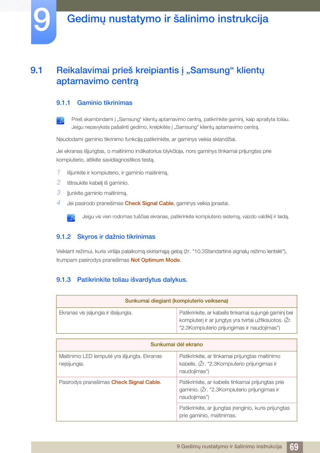 Samsung LS23C20KBS/EN manual Gedimų nustatymo ir šalinimo instrukcija, Gaminio tikrinimas, Skyros ir dažnio tikrinimas 