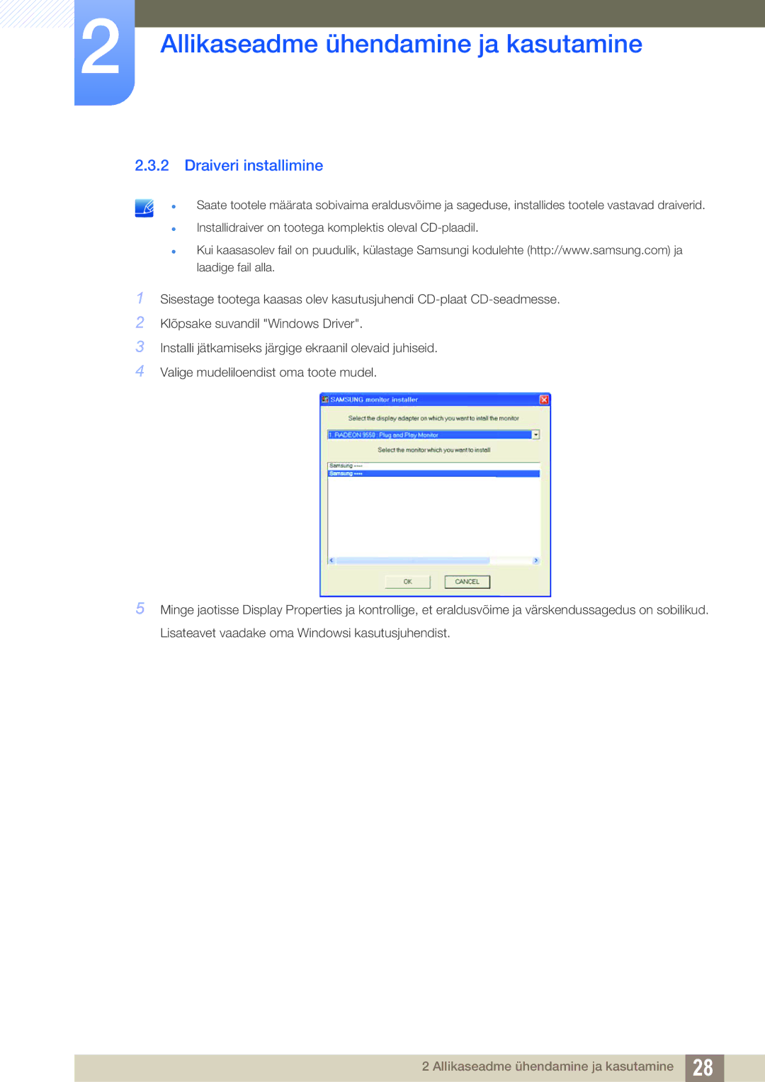 Samsung LS24C20KBL/EN, LS19C20KNS/EN, LS19C20KNY/EN, LS22C20KNY/EN, LS19C20KNW/EN, LS23C20KBS/EN manual Draiveri installimine 