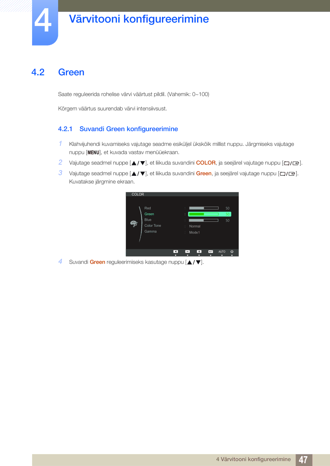 Samsung LS22C20KBW/EN, LS19C20KNS/EN, LS19C20KNY/EN, LS22C20KNY/EN, LS19C20KNW/EN manual Suvandi Green konfigureerimine 