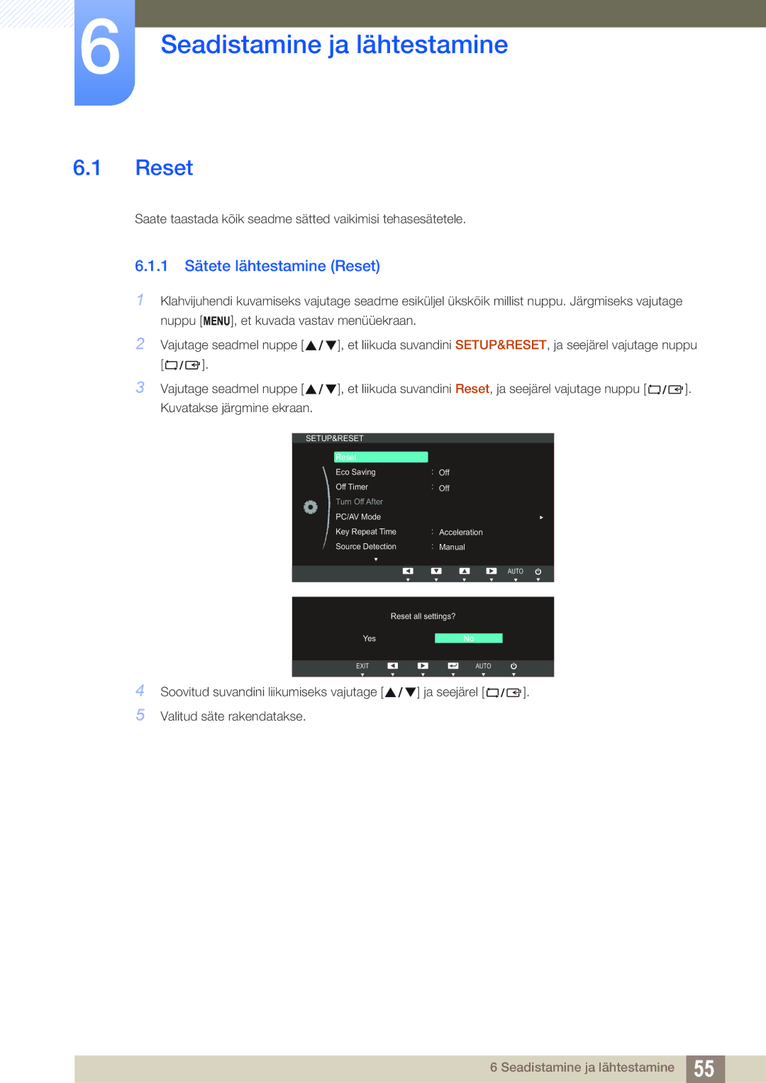 Samsung LS22C20KBW/EN, LS19C20KNS/EN, LS19C20KNY/EN manual Seadistamine ja lähtestamine, 1 Sätete lähtestamine Reset 