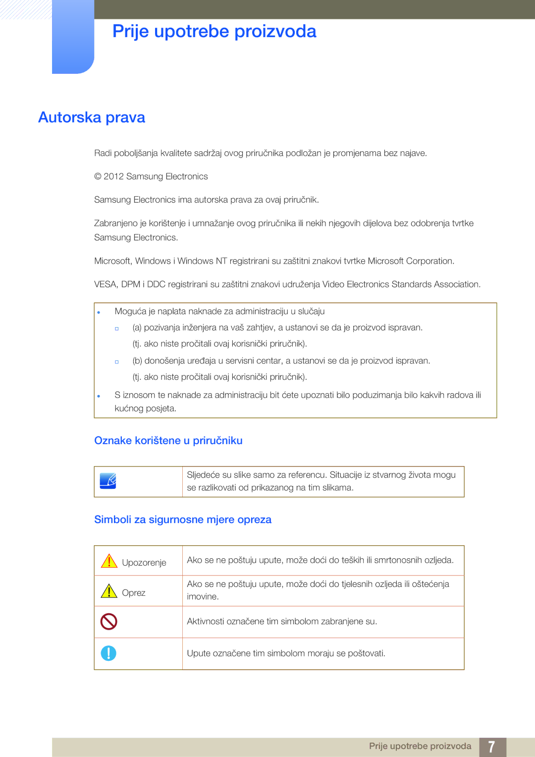 Samsung LS22C20KBW/EN, LS19C20KNS/EN, LS19C20KNY/EN Prije upotrebe proizvoda, Autorska prava, Oznake korištene u priručniku 