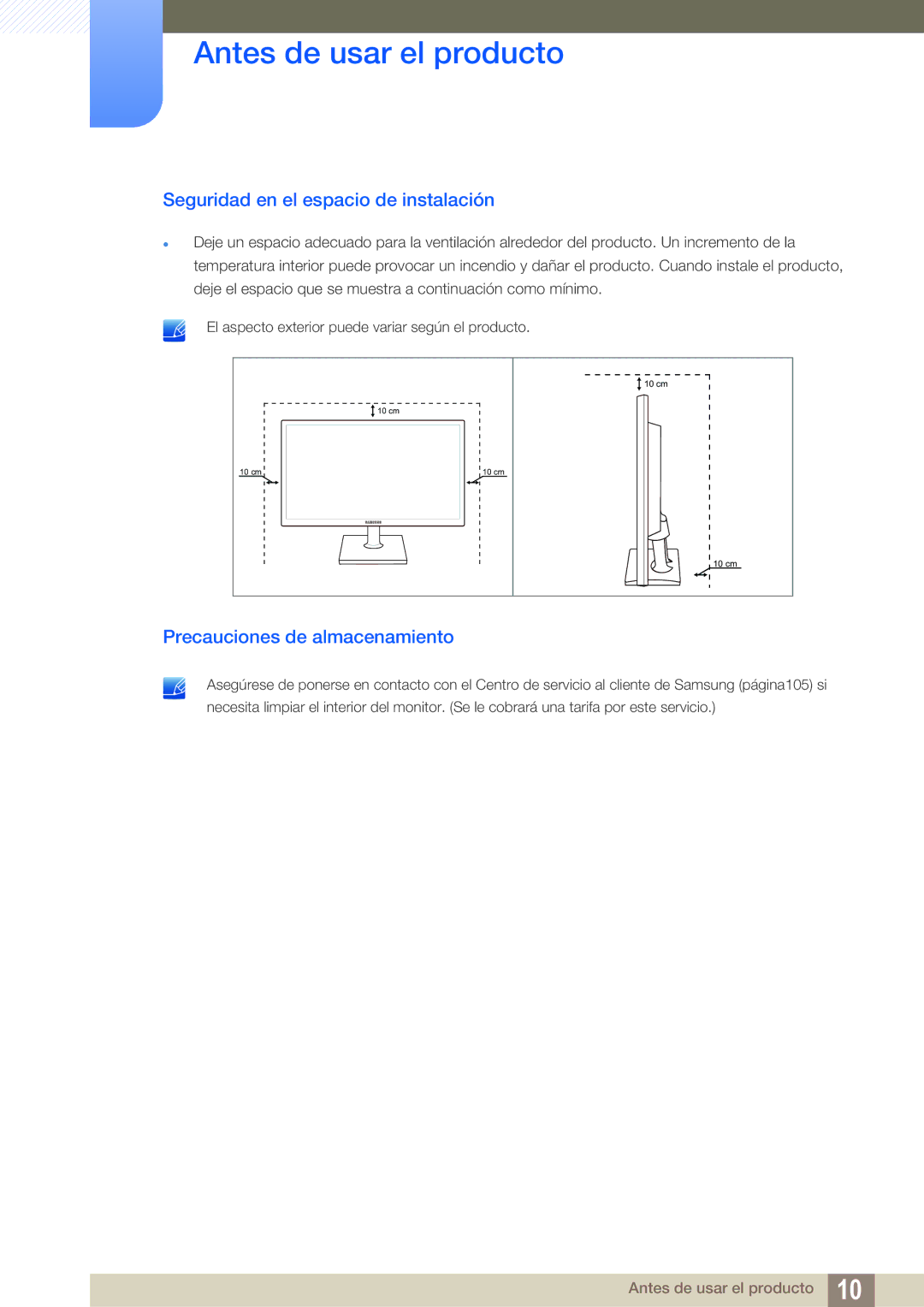 Samsung LS19C20KNY/EN, LS22C20KNY/EN, LS19C20KNW/EN Seguridad en el espacio de instalación, Precauciones de almacenamiento 